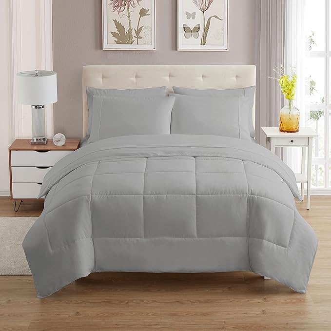 Sweet Home Collection 5 Piece Comforter Set Bag Solid Color All Season Soft Down Alternative Blanket & Luxurious Microfiber Bed Sheets, Silver, Twin