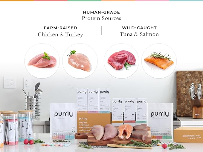 Purrly Cat Treat Snack Wet Lickable Low Calorie Healthy Grain-Free Tuna Variety Packs (18 Count) Squeezable Creamy Purée with Human-Grade Proteins and Functional Nutrients No-Artificial-Additives-Mewly Pet