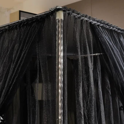 Joyreap 4 Corners Post Canopy Bed Curtain Black- Queen Size Royal Luxurious Cozy Drapes Netting- Elegant Bedroom Decoration Accessories for Adults