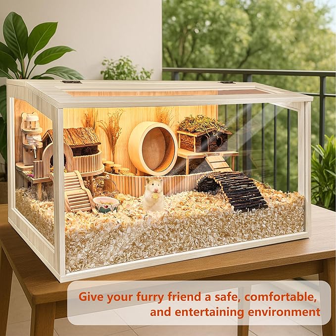 Prolee Hamster Cage Chewproof Wooden 24 Inch Guinea Pig Cages Mice and Rat Habitat Openable Top with Acrylic Sheets Solid Built-Mewly Pet