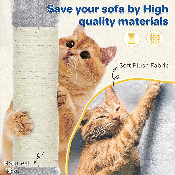 Cat Tree Tower 63in Multi-Level Cat Tower for Indoor Cats with Sisal Scratching Posts, Condo, Hammock, Dangling Ball and Extended Platform for Cats to Play, Light Grey-Mewly Pet