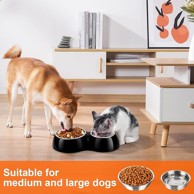Double Dog Bowls Set – Non-Slip Pet Food & Water Dishes with Resin Stand, Includes Small (1 Cup) & Medium (2 Cups) Bowls – Ideal for Puppies, Cats, and Medium Dogs –Black-Mewly Pet