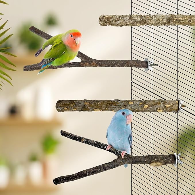 kathson 8 PCS Natural Bird Wood Perch Parakeet Standing Toy Sticks Parrot Paw Grinding Branches Cockatiels Cage Chewable Accessories for Conures Macaws Finches-Mewly Pet