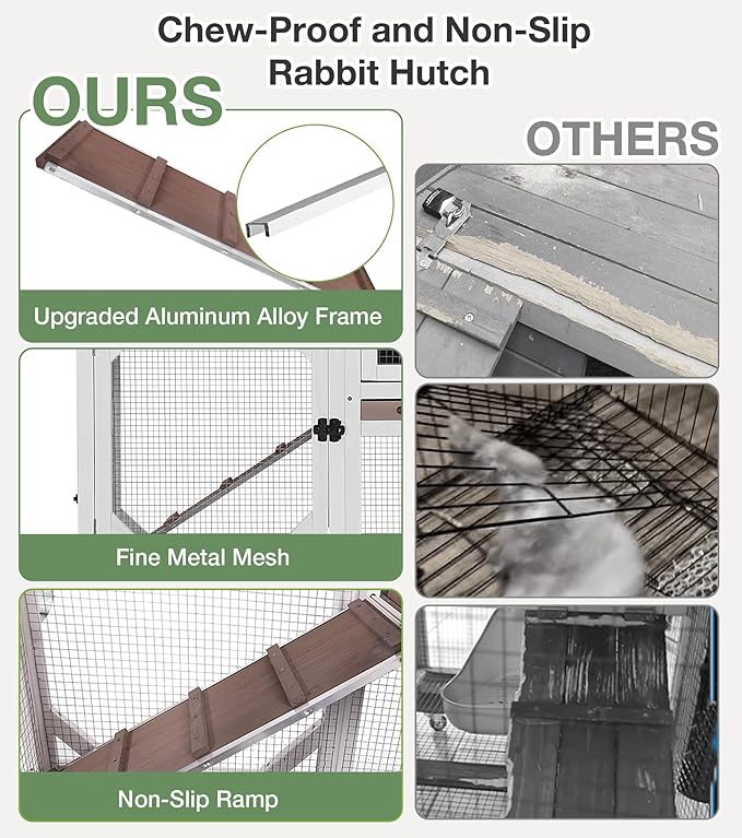 Rabbit Hutch 2-Story Wooden Bunny Cage with 2 Leak-Proof Sliding Trays, Chew-Proof Metal Mesh, Rainproof Cover, Indoor & Outdoor Guinea Pig House with Wheels - Brown-Mewly Pet