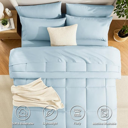CozyLux Full Size Comforter Sets Light Blue, 7 Pieces Bed in a Bag, Blue Comforter Full Size, All Season Bedding Sets with Stitch Quilted Comforter, Flat Sheet, Fitted Sheet, Pillowcases