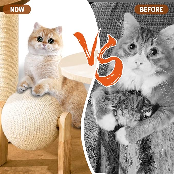 Modern Cat Tree for Indoor Cats, Wood Cat Tree with Natural Sisal-Covered Scratching Posts, Unique Cat Furniture Activity Center with Cat Scratching Ball Toy-Mewly Pet