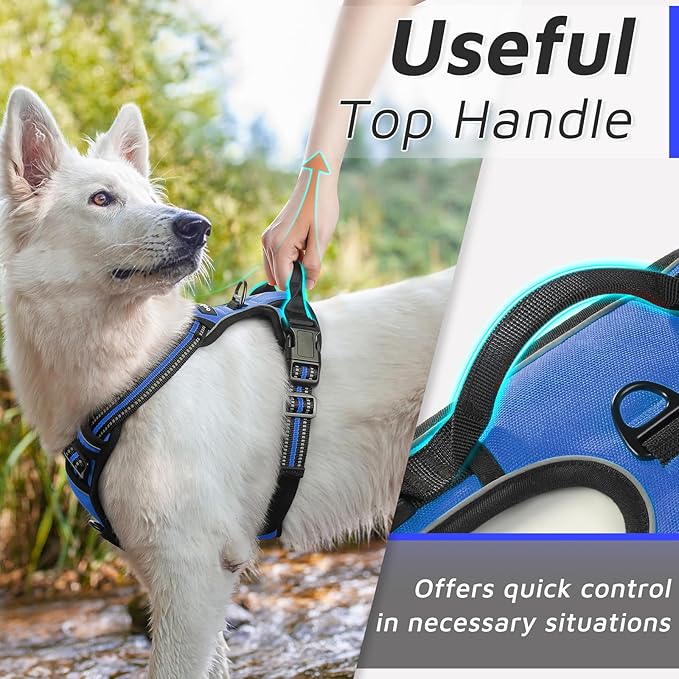 Eagloo Dog Harness Medium Sized Dog, No Pull Service Vest with Reflective Strips and Control Handle, Adjustable and Comfortable for Easy Walking, No Choke Pet Harness with 2 Metal Rings, Blue, M-Mewly Pet