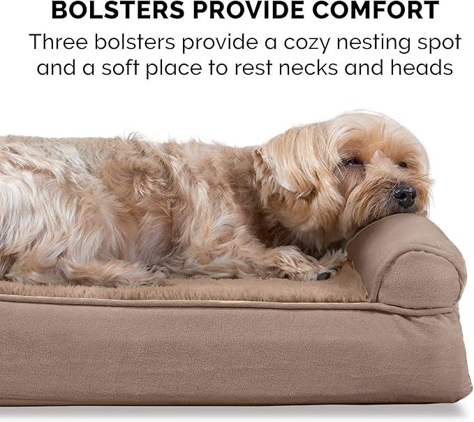 Furhaven Cooling Gel Dog Bed for Large Dogs w/ Removable Bolsters & Washable Cover, For Dogs Up to 125 lbs - Plush & Suede Sofa - Almondine, Jumbo Plus/XXL-Mewly Pet