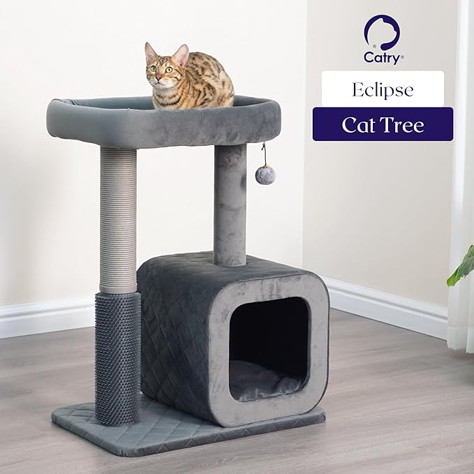 Catry 30" High 3 Level Modern Cat Tree with Large Base Condo,Removable Washable Top Bed, Recycled Paper Scratching Post, Self Grooming Brush, for Small Medium Cat(Dim Gray)-Mewly Pet