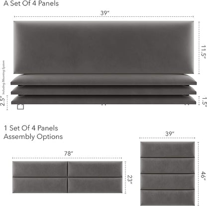 Vänt Upholstered Wall Panels - King/Cal King Size Wall Mounted Velvet Headboards - Velvet Gothic Grey - Twin/King - Set of 4 Panels (Each Individual Panel 39"x11.5")