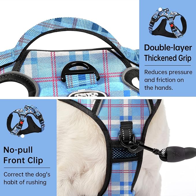 IVY&LANE No Pull Dog Harness with Leash Set, Reflective No Choke Pet Vest,Adjustable Oxford Dog Vest Harness with Easy Control Handle for Medium Lagre Dogs (Checkered Blue,M)-Mewly Pet