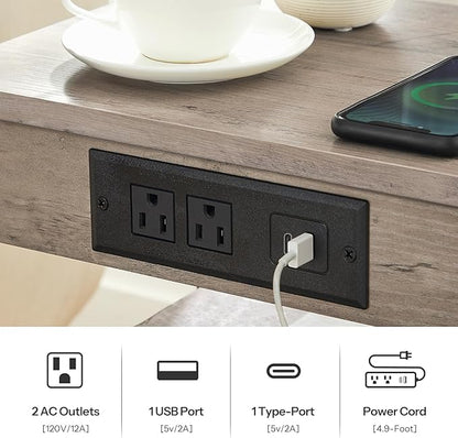 HOOBRO End Table with Charging Station and USB Port, Small Side Table for Small Space, 3-Tier Nightstand with Adjustable Shelf, for Living Room, Bedroom and Balcony, Greige BG112BZ01