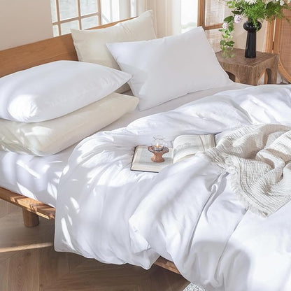 MooMee Bedding Duvet Cover Set 100% Washed Cotton Linen Like Textured Breathable Durable Soft Comfy (Solid Bright White, King 104"x90")