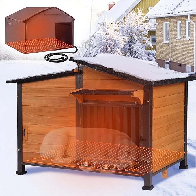 GUTINNEEN Heated Dog House Outdoor with Electric Heating Pad, Insulated Wooden Dog Kennel with 360° Rotating Feeding Bowl, Anti-Chewing Metal Frame, Natural Wood Color-Mewly Pet