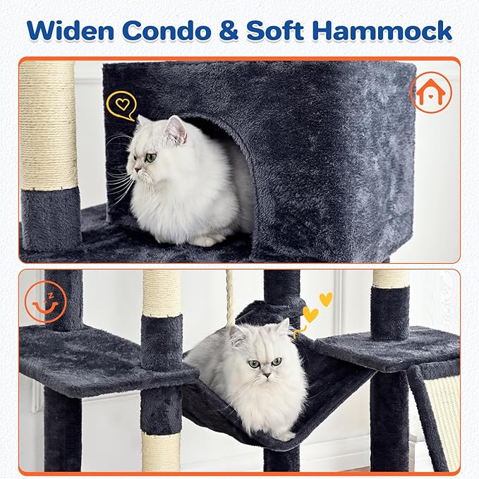Cat Tree Tower 63in Multi-Level Cat Tower for Indoor Cats with Sisal Scratching Posts, Condo, Hammock, Dangling Ball and Extended Platform for Cats to Play, Dark Grey-Mewly Pet