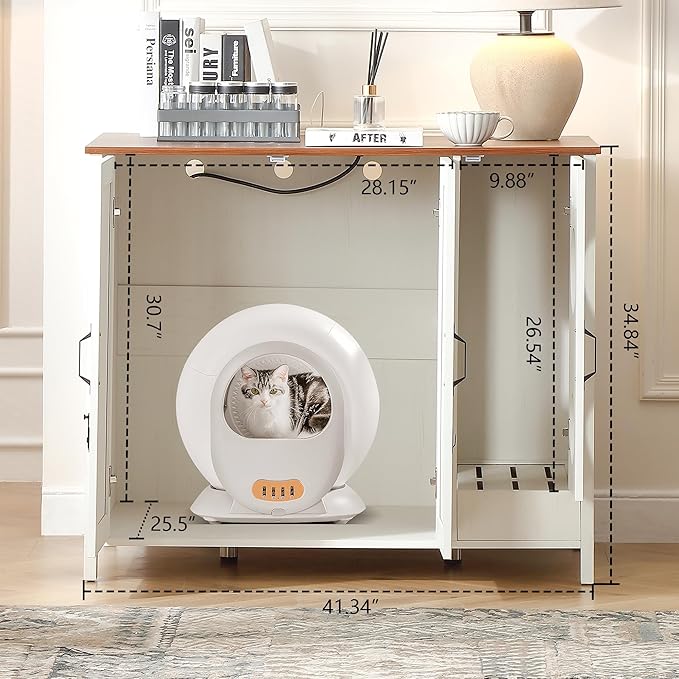 Cat Litter Robot Enclosure, Automatic Litter Box Enclosure for Litter Robot 3/4,Cat-Exclusive entrace for Dog Proof and Fun,Power Outlet for cat Litter Cabinet,Litter Collector,Antique White-Mewly Pet