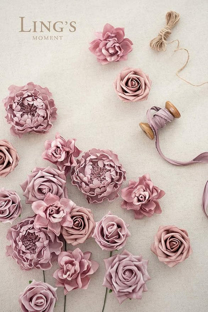 Ling's Moment Artificial Flowers Fake Roses Faux Foam Peonies Combo for DIY Wedding Bouquets Centerpieces Arrangements Bridal Shower Party Home Decorations, Dusty Rose, 23pcs
