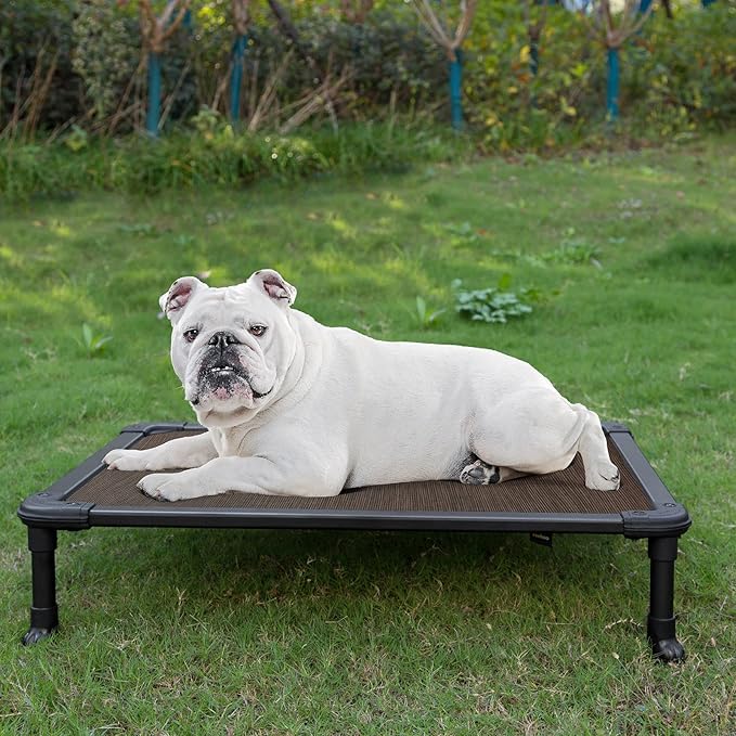 Veehoo Chew Proof Elevated Dog Bed - Cooling Raised Pet Cot - Rustless Aluminum Frame and Durable Textilene Mesh, Unique Designed No-Slip Feet for Indoor or Outdoor Use, Brown, Medium, CWC2002-Mewly Pet