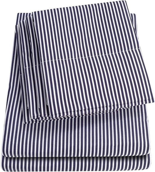 Queen Sheets Stripe Navy - 6 Piece 1500 Supreme Collection Fine Brushed Microfiber Deep Pocket Queen Sheet Set Bedding - 2 Extra Pillow Cases, Great Value, Queen, Classic Stripe Navy