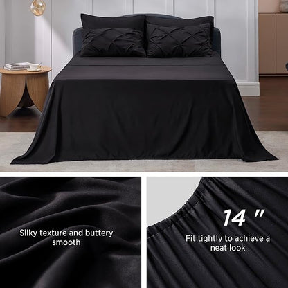 Bedsure Queen Comforter Set Black - Bed in a Bag Queen Size Bedding 7 Pieces, GentleSoft™ Pintuck Bed Set Gift for Family, Pinch Pleat All Season Comforter with Sheets, Pillowcases & Shams