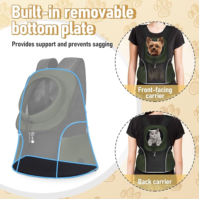 WOYYHO Pet Dog Carrier Backpack Small Dog Front Backpack Ventilated Mesh Dog Travel Back Pack with Safety Belt for Travel Hiking Cycling Outdoor Adventures (Size L: 10-14 lbs, Army Green)-Mewly Pet