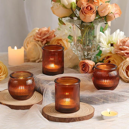 24pcs Assorted Amber Votive Candle Holders for Table Centerpiece, Fall Centerpieces for Tables, Ribbed Tea Lights Candle Holder for Wedding, Holiday and Vintage Decor
