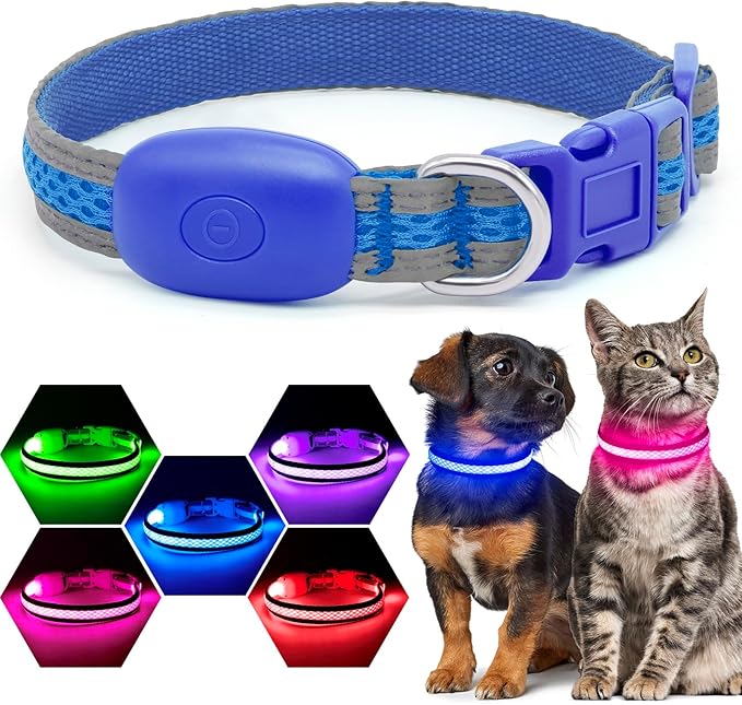 Flashseen LED Cat Collar,Light Up Dog Collar Rechargeable, Dog Lights for Night Walking, Comfortable Soft Mesh Pet Collar Adjustable for Cats Puppy and Small Dogs(Blue, XS)-Mewly Pet