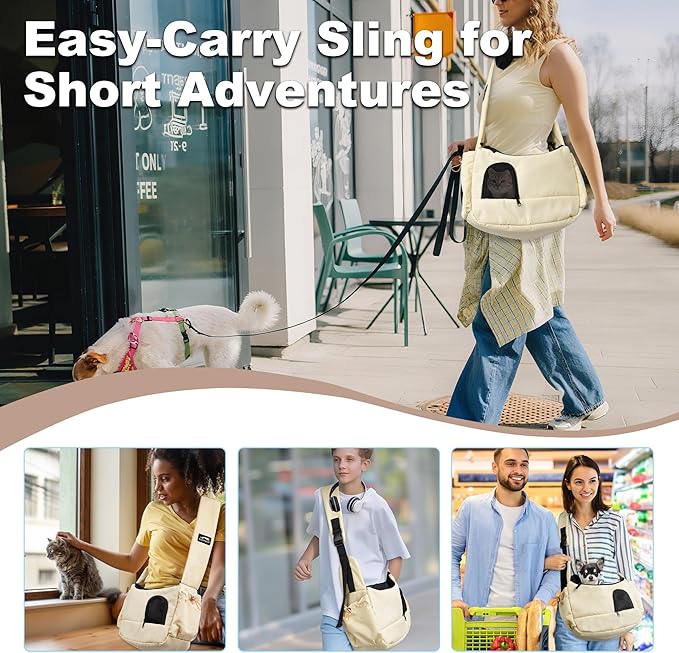Cat Sling, Dog Carrier Sling for Kitten and Puppy up to 8.8 lbs, Breathable Cats Carrier Pouch Pet Purse with Soft Mat, Hands-Free Pet Carrier with Safety Harness and Pockets for Travel, Yellow-Mewly Pet