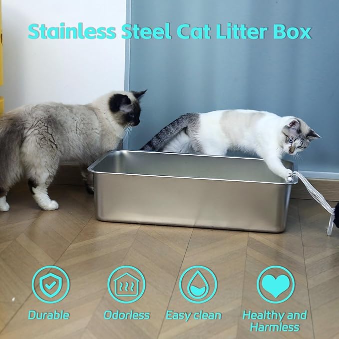 Stainless Steel Litter Box -6in High Side,Metal Litter Box for Cat/Kitty/Rabbits 17" L x 13.8" W x 6" H，Stainless Steel Cat LitterBox-Metal PanToilet,No Smell, Non Stick, Easy Clean.-Mewly Pet