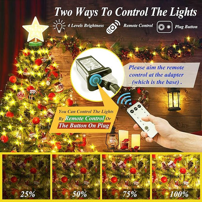 aneeway Christmas Tree Lights with Star Toppers, 410 LED Christmas Lights with 8 Modes & Memory Function, 6.6FT x 16 String Lights with Remote Control & Timing for Xmas Ornaments - Warm White