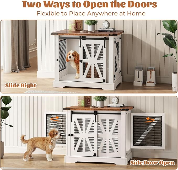 VOPEAK 27.5" Small Dog Crate Furniture, Chew Resistant Dog Crate for Puppy Dogs, Heavy Duty Small Dog Crate Dog Kennel Indoor with Double Doors, Wooden End Table for Bedroom Living Room, White-Mewly Pet