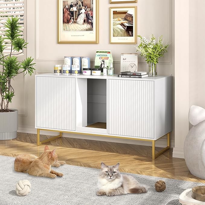 Litter Box Enclosure for 2 Cats, Fluted Hidden Cat Litter Box Furniture with Scratch Pad and Metal Legs, Modern Double Room Kitty House for Living Room, Washroom, 47.2”L x 17.7”W x 25.9”H, White-Mewly Pet