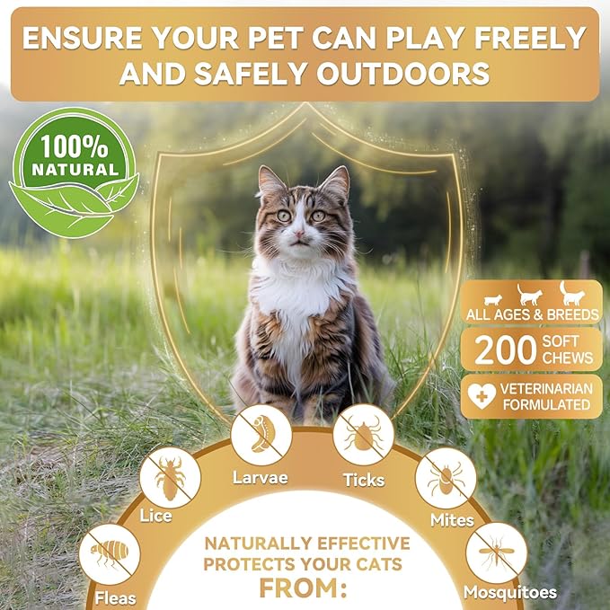 Flea and Tick Prevention for Cats, 200 Soft Chews for Fleas Treatment for Cats, Natural Cat Oral Flea Chewables Support Supplement, Flea and Tick Chews for All Breeds & Sizes-Mewly Pet