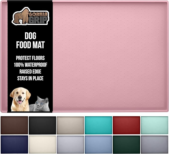 GORILLA GRIP 100% Waterproof Raised Edge BPA Free Silicone Pet Feeding Mat, Dog Cat Food Mats Contain Spills Protects Floors, Placemats for Cats and Dogs Water Bowl, Pets Accessories 16x10, Pink-Mewly Pet