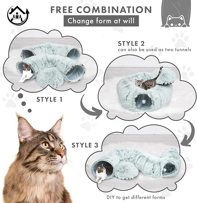 Large Cat Tunnel Bed for Indoor Cats Warm Fluffy Plush Cat Cave Tunnel Bed Collapsible, Washable, 3 Way and Multifunctional with Dangling Balls for Cats, Kittens and Rabbits- Gray-Mewly Pet