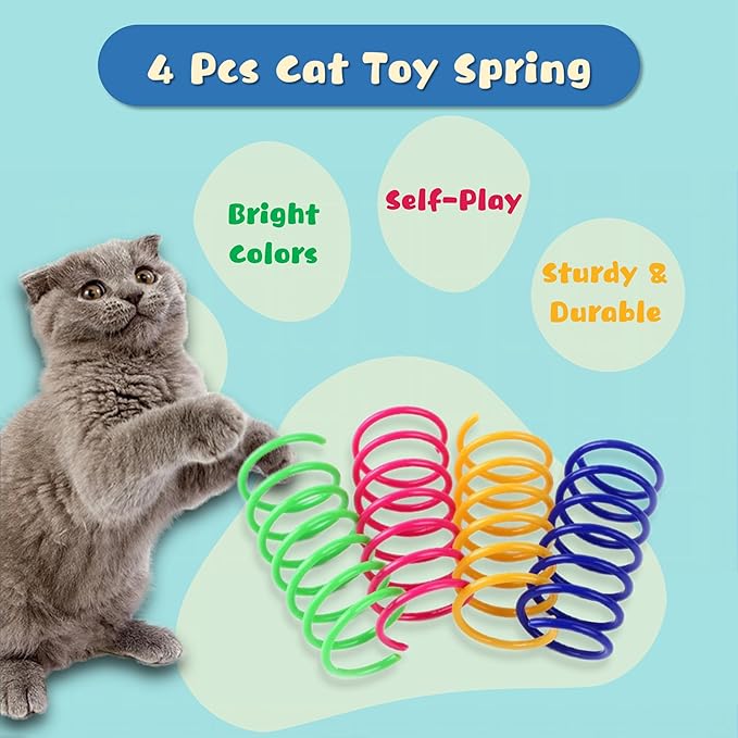 30 Pcs Premium Silent Cat Pom Pom Balls, Interactive Lightweight Assorted Colors Fuzzy Toy Balls (1.2 inches), with 4 Pcs Cat Spring Toy for Indoor Kitten Playing Exercising-Mewly Pet