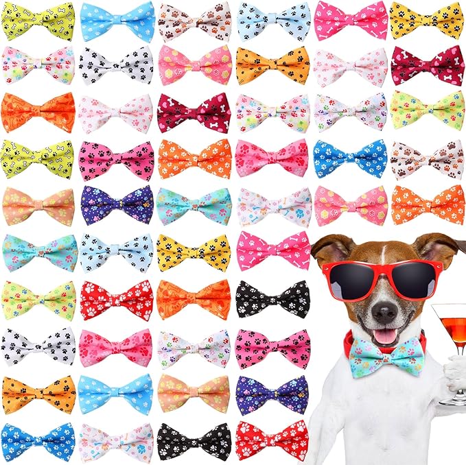 Hillban 50 Pieces Paw Print Dog Collar Bow Ties Colorful Paw Print Dog Collar Accessories Bow Ties Attachment with Elastic Bands Detachable Charms for Pets Collar Accessories Daily Costume-Mewly Pet