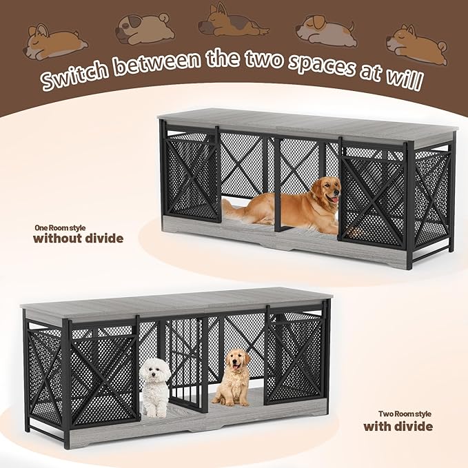 COZPAW 78 Inch Double Dog Crate Furniture, Extra Large Dog Kennel Indoor for Medium Large 2 Dogs, Heavy Duty Dog Cage Chew-Resistant Steel and Wooden Pet House with Removable Divider (Grey)-Mewly Pet