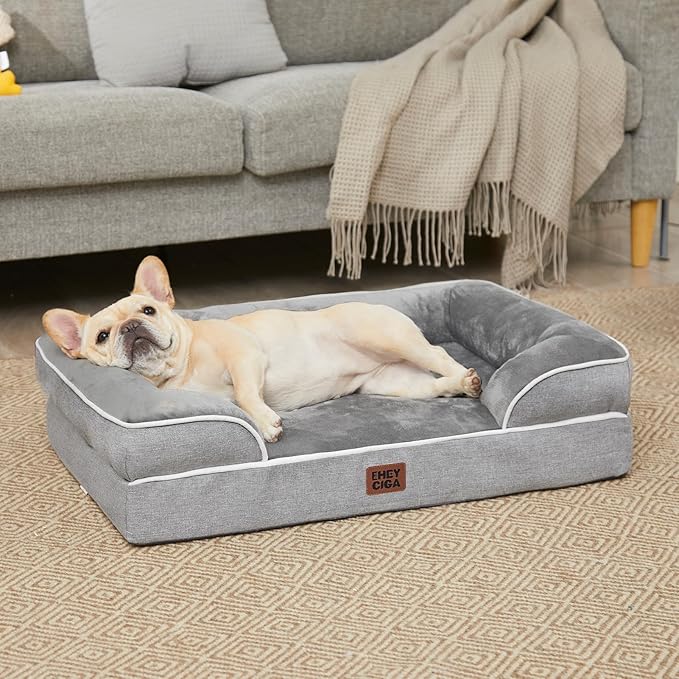 EHEYCIGA Orthopedic Dog Beds for Large Dogs, Waterproof Memory Foam Large Pet Bed with Sides, Non-Slip Bottom and Egg-Crate Foam Dog Couch Bed with Washable Removable Cover, Grey-Mewly Pet