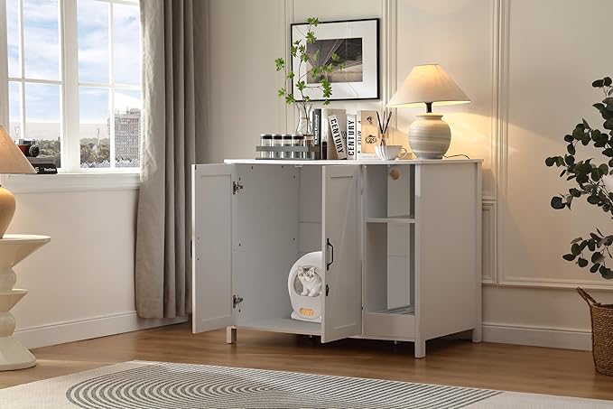 Cat Litter Robot Enclosure,for Placing Litter Robot 3/4,Power Outlet and Dog-Proof Shelf for Litter Robot Cabinet,Litter Collector for Automatic Litter Box Enclosure,Cloud White-Mewly Pet