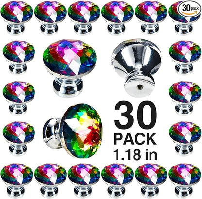 POZEAN Crystal Cabinet Knobs 30Pack, 1.18inch Dresser Knobs for Cabinet, Drawer with Two Different Sizes Screws, Diamond Glass Pulls Handles (30mm, 30Pack, Colorful)