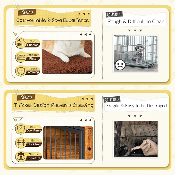 Bigrab Dog Crate Furniture with Thick Cushion, Side End Table Wooden Dog Cage with Double Doors, Chew-Resistant Dog Kennel Dog House Indoor for Small to Large Dog, M-Mewly Pet