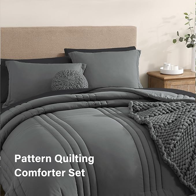 Monbix Twin XL Size Comforter Set - Extra Long 5 Pieces Dorm Bedding Sets, Quilting Design Fluffy Bed in a Bag Twin XL with Sheets, Pillowcase & Sham(Grey)