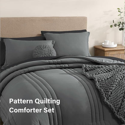 Monbix California King Size Comforter Set - 7 Pieces Bed in a Bag California King, Grey Bedding Sets with Comforter, All Seasons Down Alternative Comforter Bed Set with Sheets, Pillowcases & Shams