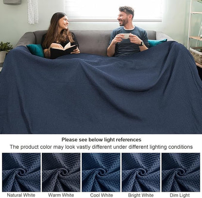 PHF Pre-Washed Cotton Waffle Weave Family Blanket,Oversized King Size 120"x 120"-Snag Proof Lightweight Breathable, 10'x 10' Huge Extra Large Big-Elegant Aesthetic Home Decoration Gift,Dark Navy