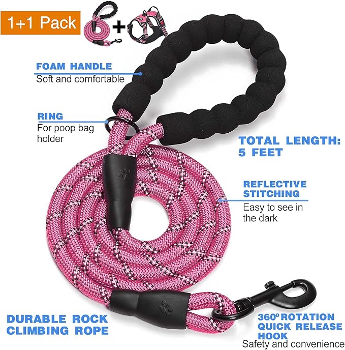No Pull Dog Harness Adjustable Reflective Oxford Easy Control Medium Large Dog Harness with A Free Heavy Duty 5ft Dog Leash (S (Neck: 13"-18", Chest: 17.5"-22"), Pink Harness+Leash)-Mewly Pet