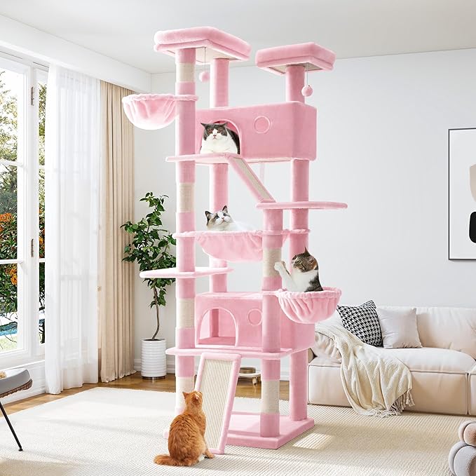 Allewie 81 Inches Tall Cat Tree/Multi-Level Large Climbing Tree House and Towers for Big Feline/Condo and Hammock/Scratching Post/Wide Base/Pink-Mewly Pet