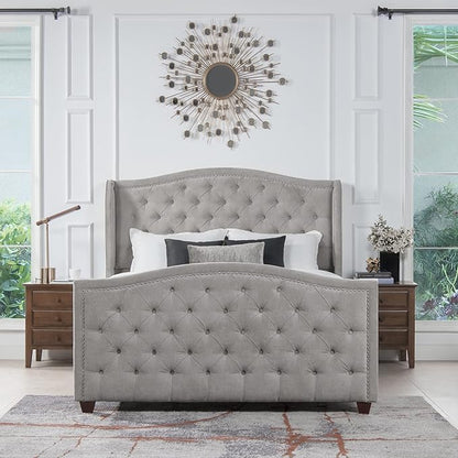 Jennifer Taylor Home Marcella Upholstered Shelter Headboard Bed Set, Queen, Silver Grey Polyester