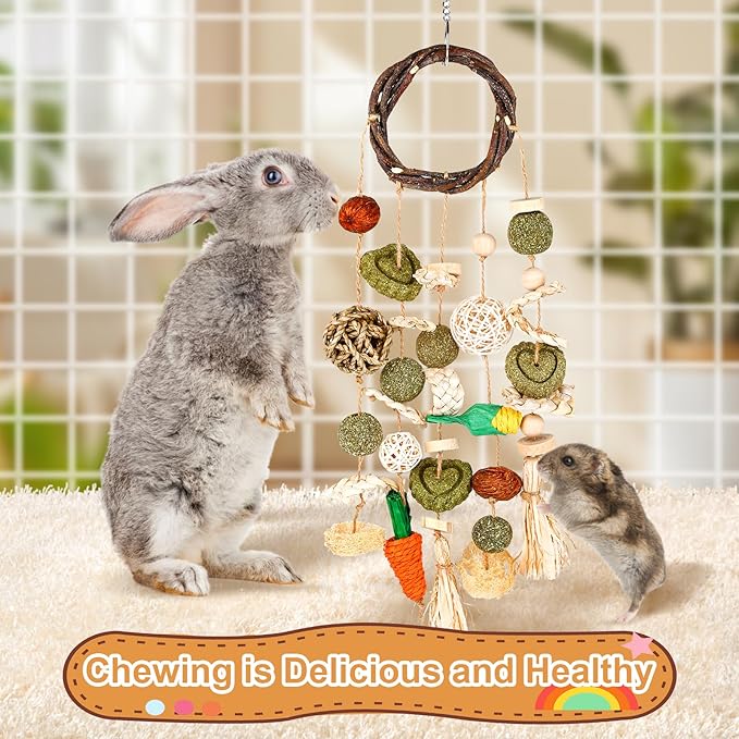 VESPRO Bunny Chew Toys, Rabbit Cage Hanging Chewing Toy and Treats Snack Ring, for Rabbits Chinchilla Guinea Pig Hamsters Grinding Teeth with Other Small Pets, Natural Materials Handwoven (5 Strings)-Mewly Pet