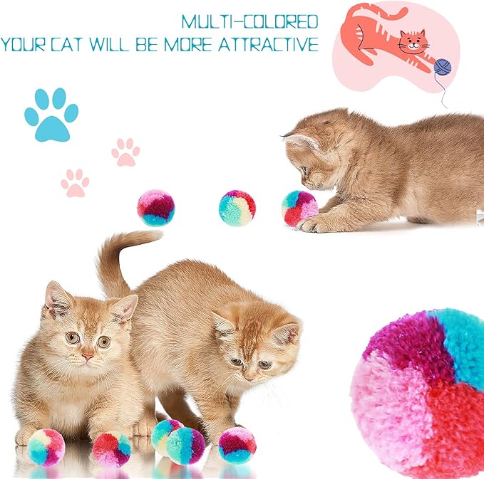 1.2 in Colorful Cat Pom Pom Ball Toys, 20 Pcs Rainbow Cat Toy Balls Soft Plush Cat Ball Interactive Training Ball for Indoor Cats & Kittens-Mewly Pet